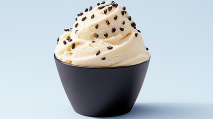 Creamy vanilla ice cream topped with black sesame seeds in a sleek black bowl against a soft blue background