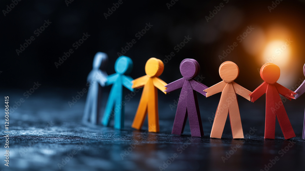 Poster colorful paper figures holding hands on dark background create vibrant scene of unity and diversity.