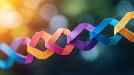 Colorful paper figures linked together, creating vibrant chain against blurred background. warm sunlight enhances cheerful atmosphere of this creative display