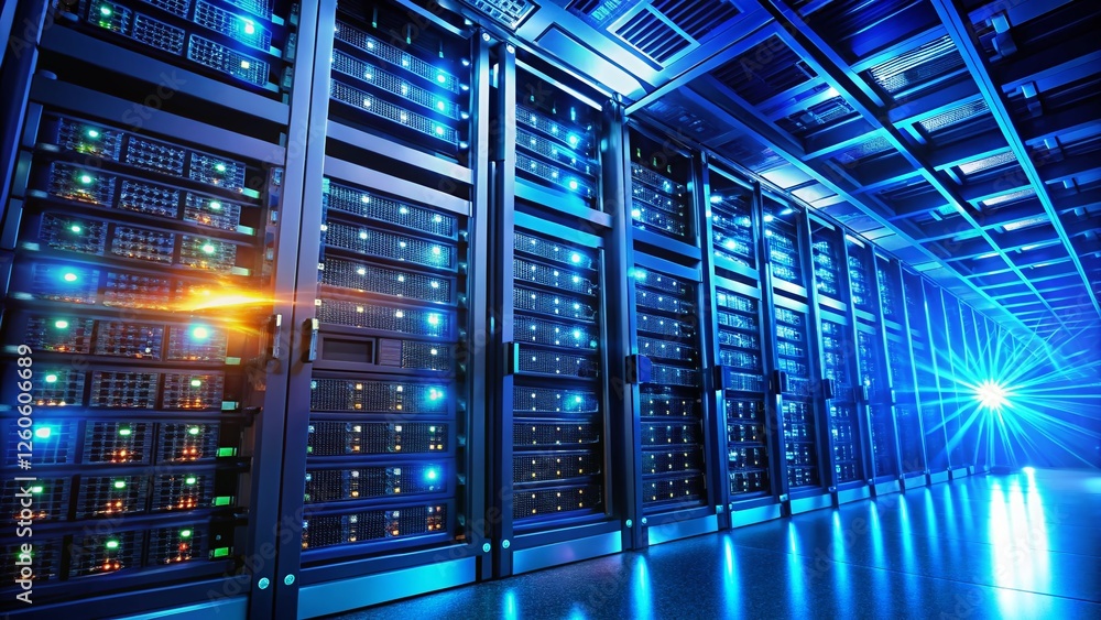 Poster dark server room: powerful network server illuminated in low light, rule of thirds composition