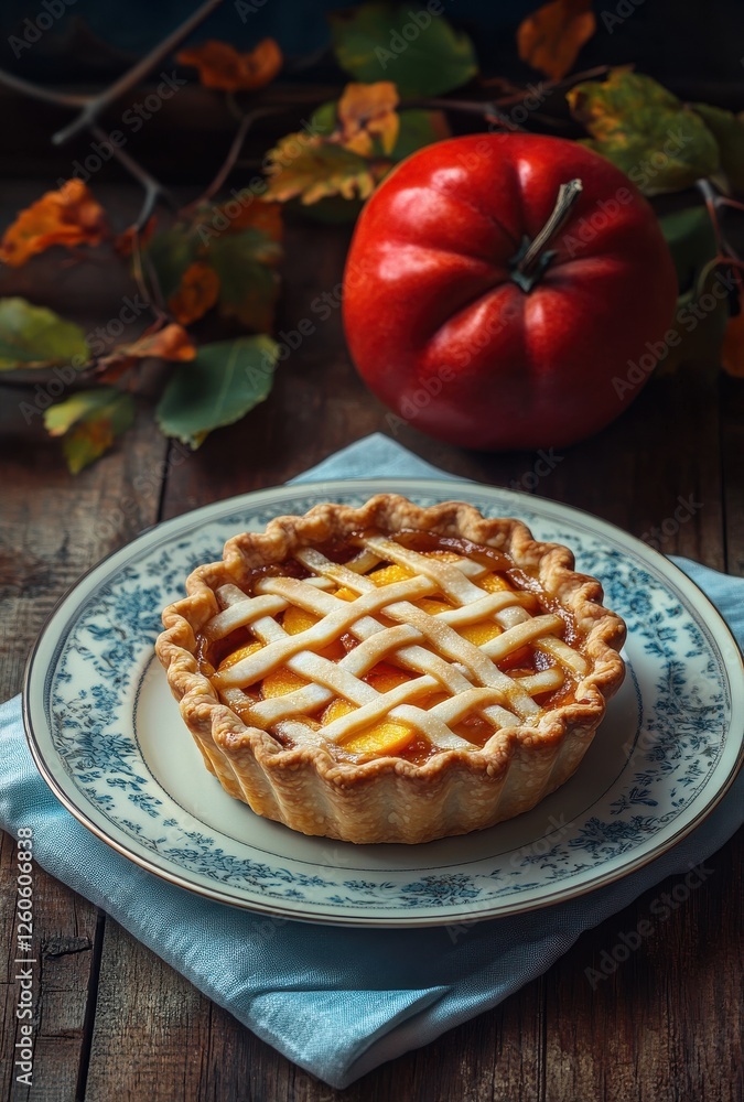 Poster perfectly baked apple pie with lattice crust surrounded by fresh red apples and autumn leaves on rus