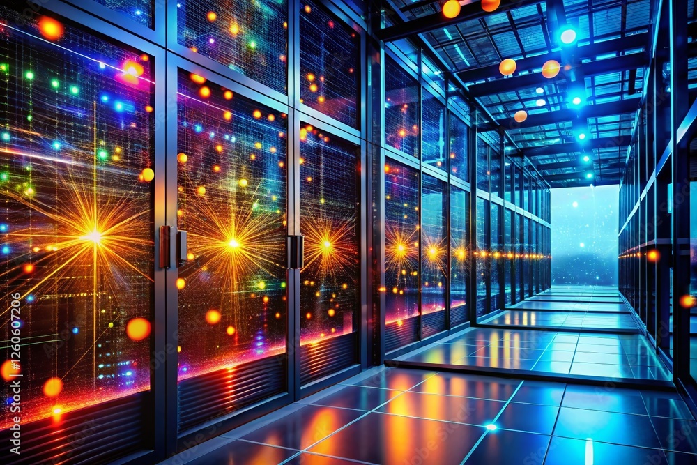 Poster data center server room: glowing network data flow with bokeh effect