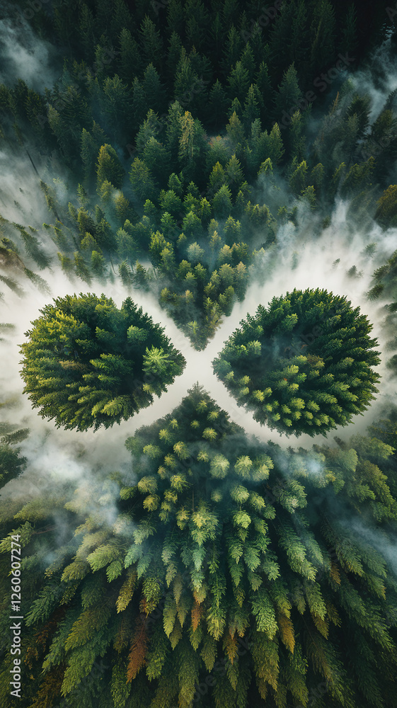 Poster beautiful aerial view of symmetrical tree patterns in a lush green forest with mist hovering above