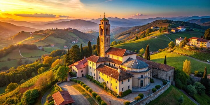 Dawn over Montevecchia Church: Aerial Lombardy Italy Landscape