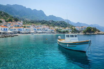 Fishing boat moored in turquoise water near picturesque greek village