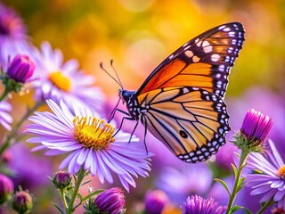 Fototapeta premium Delicate Butterfly on Aster Flower with Bokeh Background - Stunning Nature Stock Photo