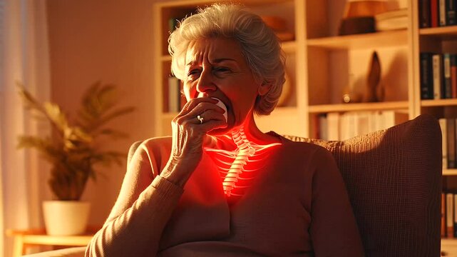 A healthcare advertisement-style scene with a mature woman seated in a warm-toned room, holding an ice pack to her neck, with a glowing red cervical spine overlay to depict the aff