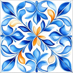 Watercolor artwork, blue and yellow azulejos tile Traditional Portuguese Mosaic