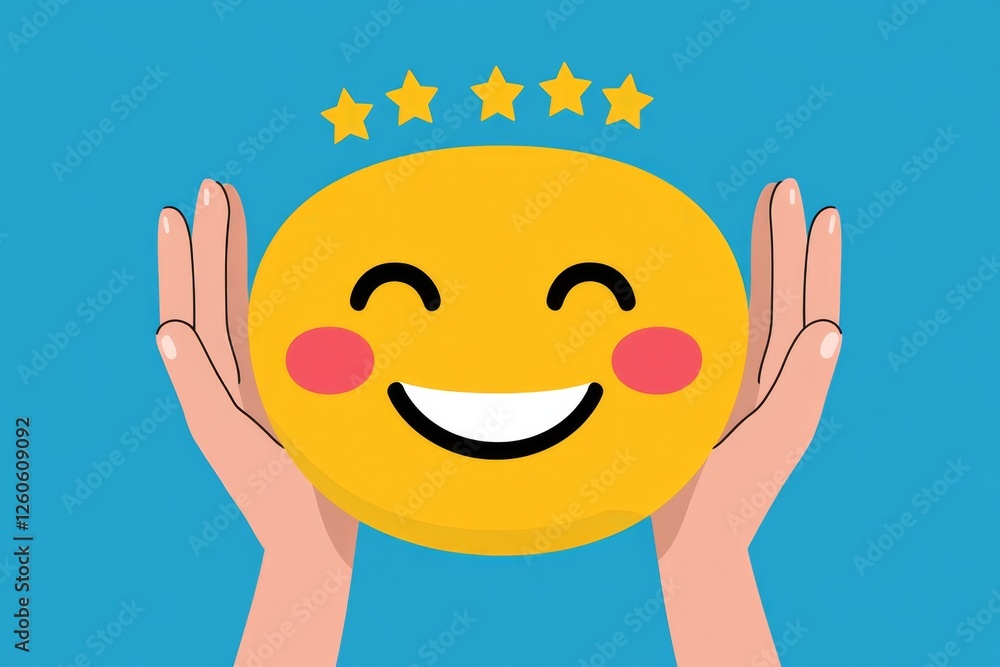 Poster A clean minimalist icon of a smiling face with five stars above it, symbolizing customer satisfaction