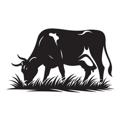 Cow grazing Silhouette Vector Illustration, Solid White Background.