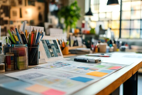 Designer working on creative project using pencils and sticky notes in modern office