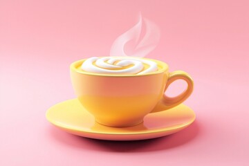 Fototapeta premium A vibrant yellow cup filled with steaming coffee sits on a matching saucer. It invites warmth and comfort against a soothing pink backdrop, perfect for a tranquil afternoon