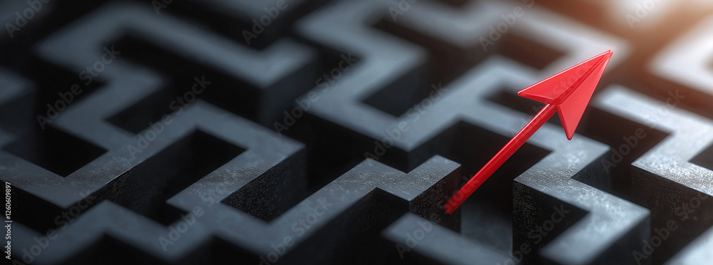 Poster black maze with prominent red arrow pointing towards center symbolizes direction and focus. this evo