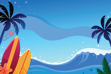 Create a vibrant vector illustration of dynamic surfing waves, featuring multiple surfboards and a sense of motion.  Background should be suitable for website or print.