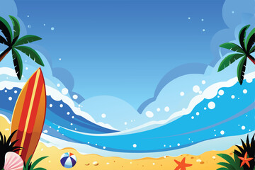 Create a vibrant vector background featuring dynamic surfing waves, multiple surfboards, and a sunny beach setting.  Aim for a dynamic, energetic style.