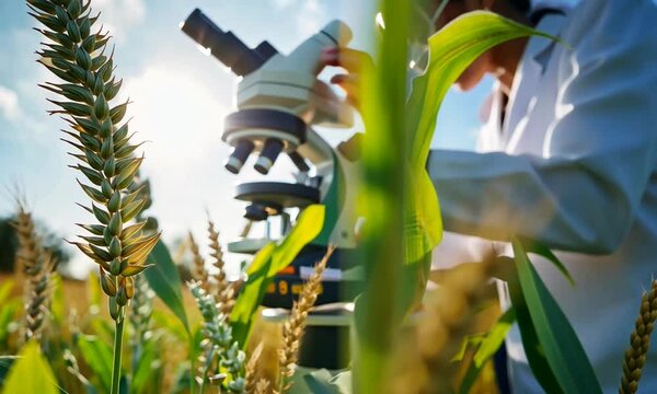 Scientist examining wheat samples under a microscope in a vibrant field during a sunny day