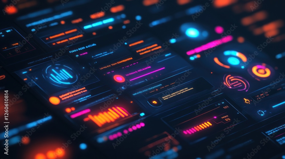 Poster futuristic technology interface with glowing ui elements and data visualization