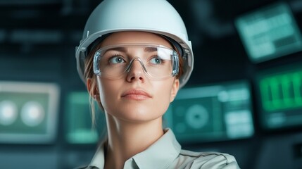 Young female engineer wearing helmet and protective glasses in a tech environment