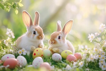 Obraz premium Playful rabbits in a sunlit garden with colorful easter eggs.