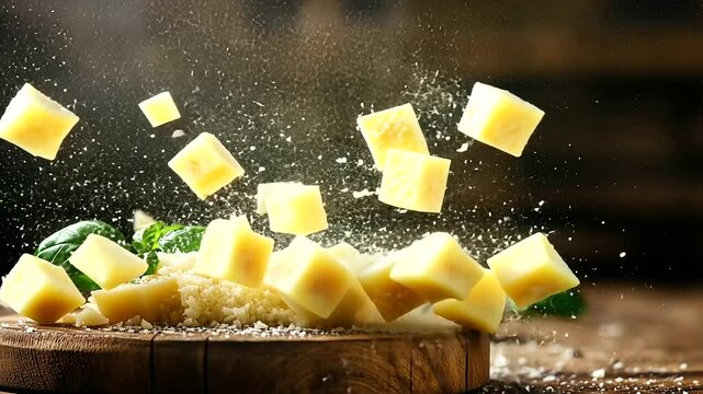 A dramatic kitchen scene with grated Parmesan cheese tumbling onto a rustic wooden board, fresh basil scattered chaotically, and garlic cloves adding depth to the culinary tableau