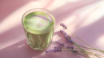 Glass with green beverage and lavender flowers on a pink surface in the sunlight creating shadows