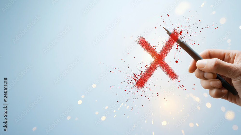Poster hand holding pen creates red x mark with splashes, symbolizing rejection or cancellation. background
