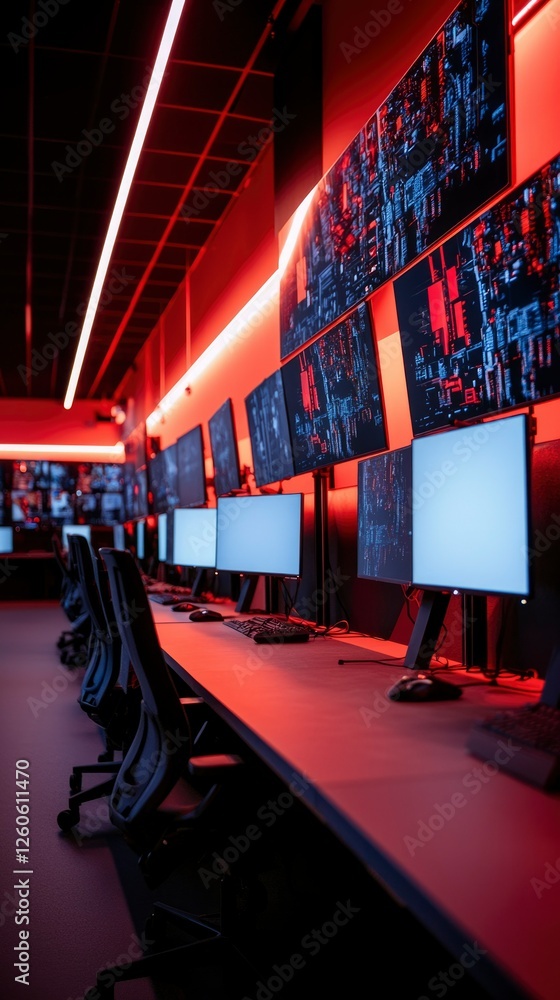 Poster red lit monitor room showing data on screens for cybersecurity or control