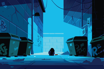 Grimy urban alleyway scene; overflowing trash bins amidst graffiti-covered brick walls.  Focus on environmental neglect.