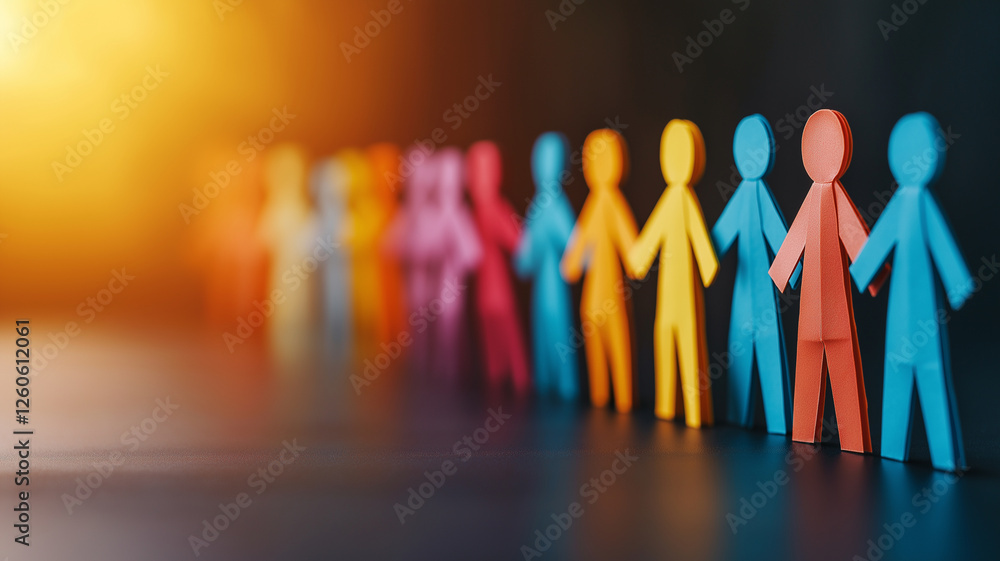 Poster colorful paper figures standing in line, symbolizing unity and diversity. warm background adds cheer