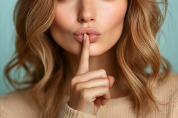 Naklejka premium Blonde woman holding finger on lips making silence gesture