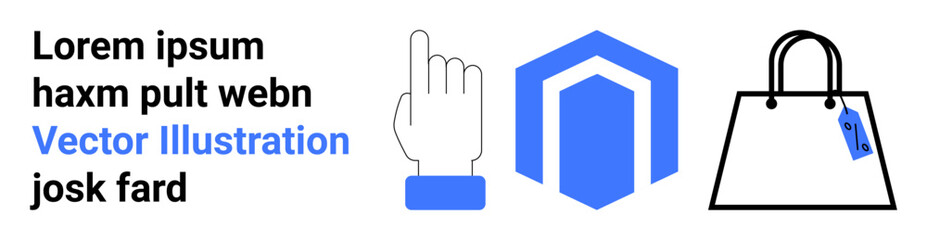 Hand cursor interaction, hexagonal storefront logo, shopping bag illustration. Ideal for online shopping, digital marketing, retail, branding, technology, e-commerce flat landing page banner