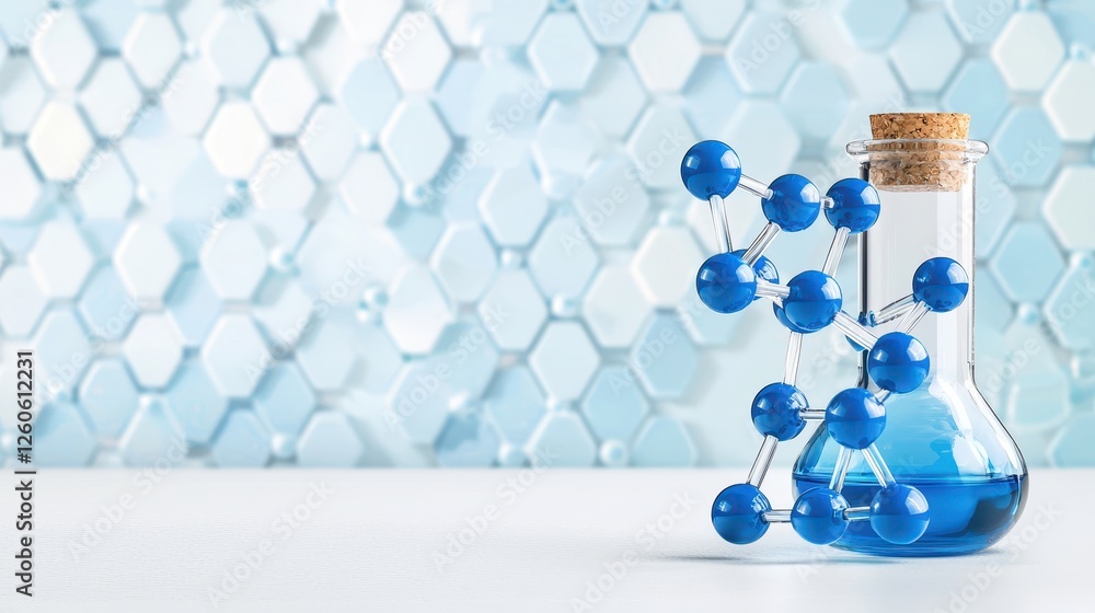 Aufkleber blue liquid in laboratory flask with molecular model on light hexagonal background