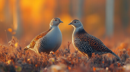 Two Partridges in a Golden Autumn Meadow at Sunset