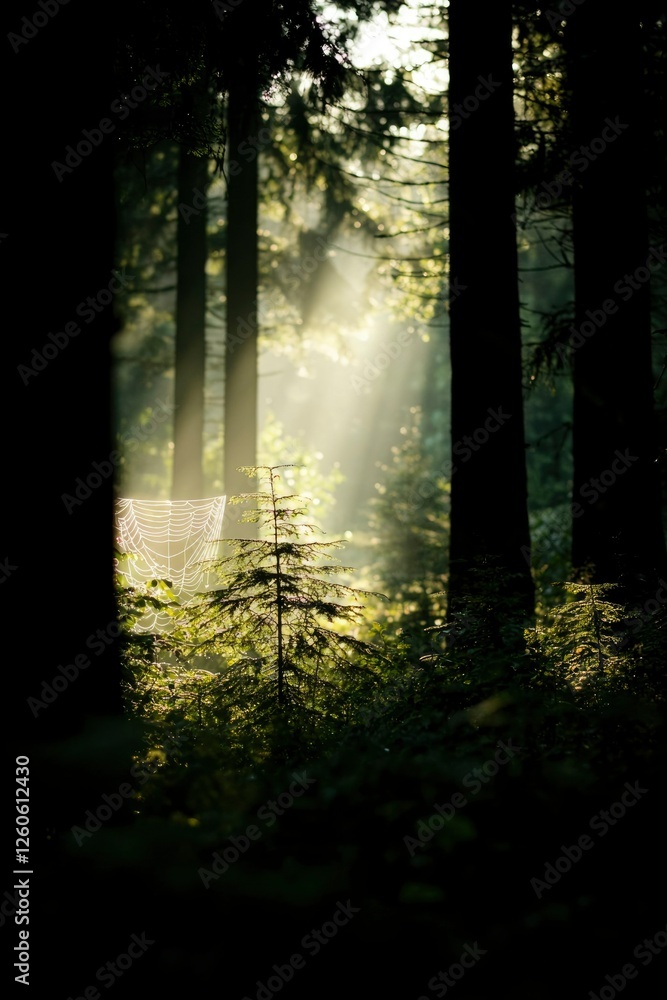 Poster sunlight streams through trees in forest, creating serene and tranquil atmosphere