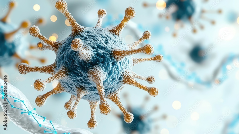 Poster microscopic view of a virus structure with colorful details and blurred background effects