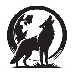 Coyote howling at full moon Silhouette Vector Illustration, Solid White Background.