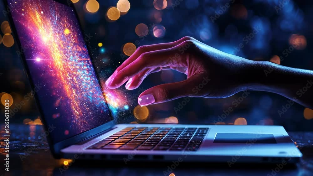 Poster professional using laptop for document management with holographic icons, software, database technol