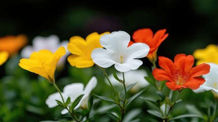 Fototapeta premium Colorful flowers bloom in garden, green background, nature photography, website use