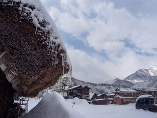 Close up snow on the roof of the house, old Japanese house in winter, Shirakawago