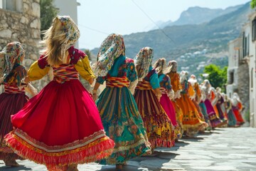 Naklejka premium Greek dancers wearing traditional colorful costumes performing in a mountain village