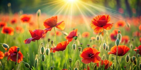 Obraz premium Poppies in a lush green field with sunlight filtering through the flowers, creating a dappled effect on the grass