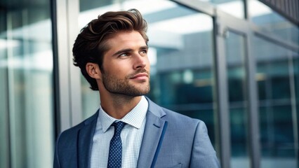 Fototapeta premium a handsome businessman gazing confidently into the distance, wearing a stylish suit. His expression suggests ambition and determination as he looks ahead with purpose