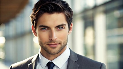 Fototapeta premium a confident young man with a charming smile and piercing blue eyes, looking directly at the camera in a sharp gray suit and tie
