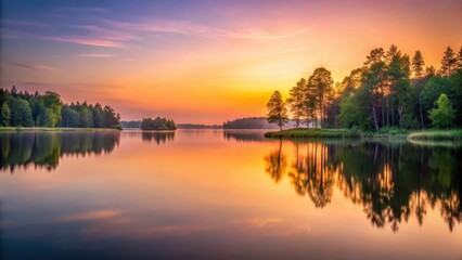 Obraz premium Soft pastel hues blend into a warm sunset gradient on a serene lake at dusk with trees in the background, peaceful scene, nature