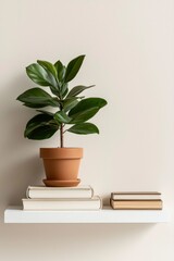 Potted plant on books on a shelf. Interior decoration for home
