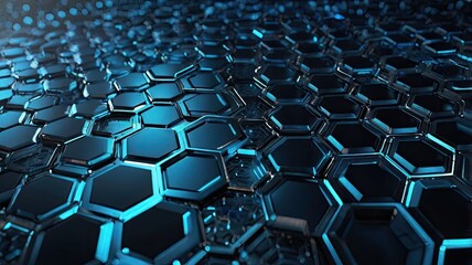 Fototapeta premium Futuristic technological background with a 3D hexagonal pattern, neon glow, and metallic texture. Perfect for digital, cyberpunk, and high-tech designs.