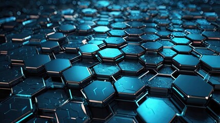 Obraz premium Futuristic technological background with a 3D hexagonal pattern, neon glow, and metallic texture. Perfect for digital, cyberpunk, and high-tech designs.