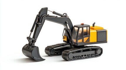 Fototapeta premium Small black and yellow toy excavator on white background