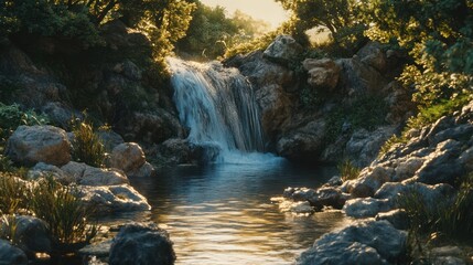 Waterfall cascading into pool, sunlit forest. Peaceful nature scene for screensavers