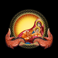 Eye of Providence. Religious decorative illustration in Byzantine style on black background